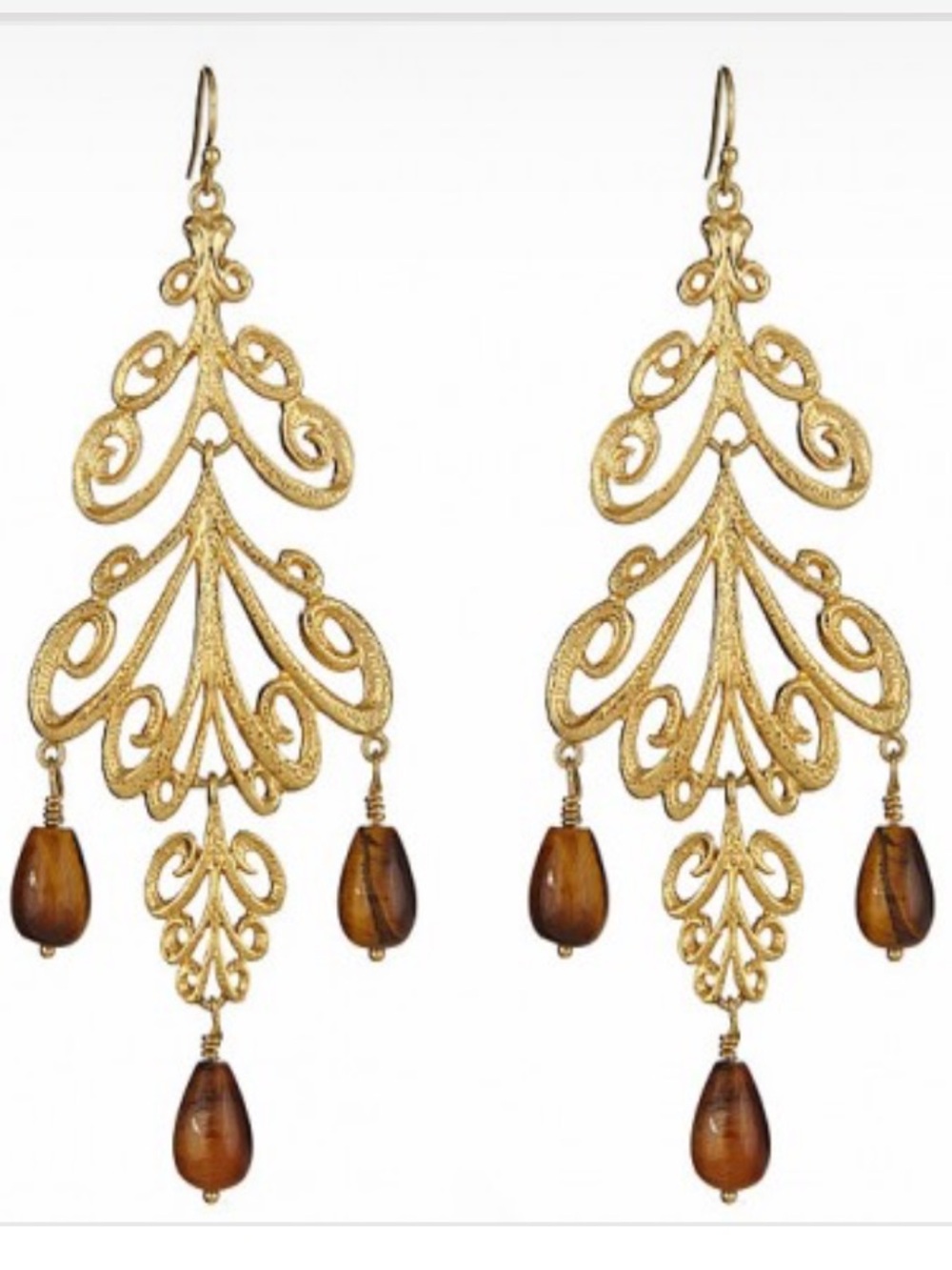 💕 18Kt Gold Plated Large Scroll
Earrings with Tiger Eye Gemstone Drops